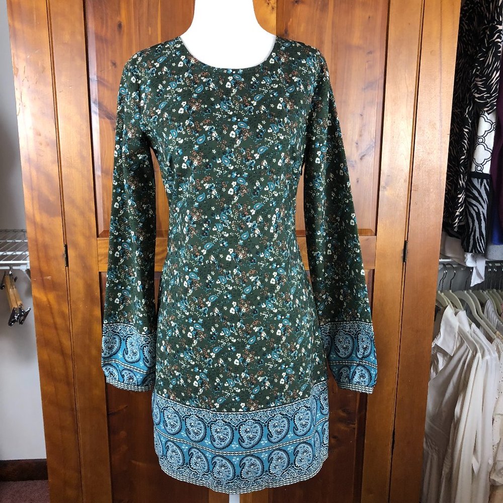 🌿Abercrombie & Fitch Boho Olive/Blue Floral & Paisley Dress Cottagecore Dainty